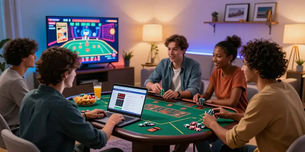 Diverse friends enjoying a virtual casino night together with credit card casinos displayed on a laptop.