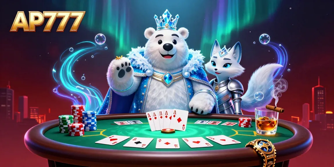 Join the excitement at AP777, where an ice king and snow fox play thrilling poker amidst a dazzling casino scene.
