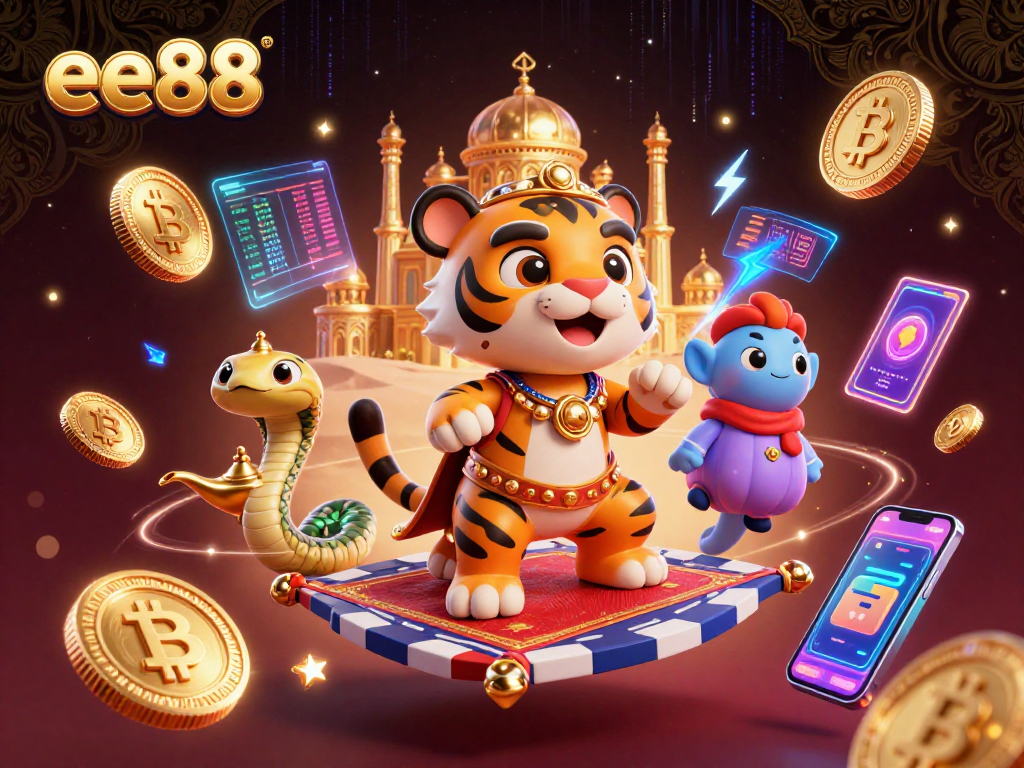 Explore the vibrant ee88 gaming scene with a cartoon tiger sultan and crypto elements for a thrilling experience.