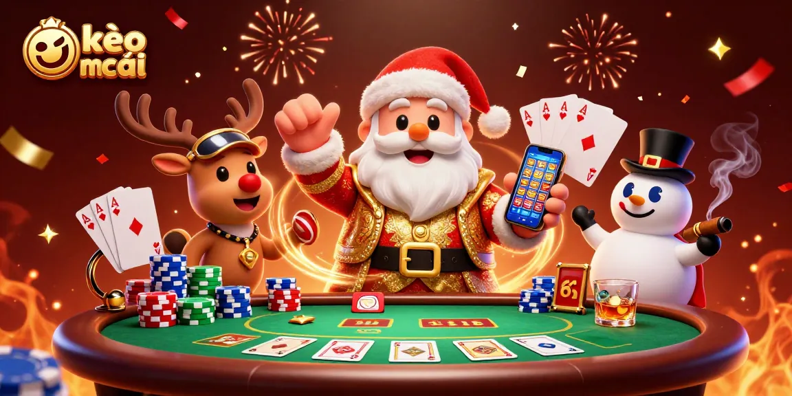 Capture kèo nhà cái excitement with Santa and friends celebrating wins in a vibrant casino scene.