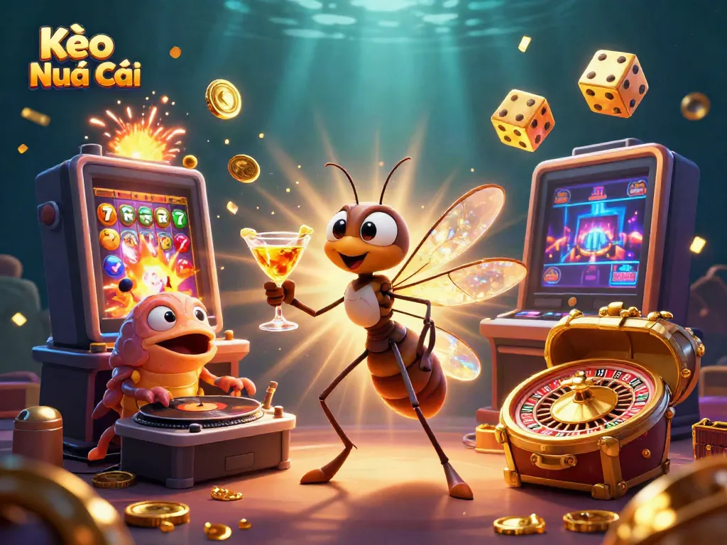 Experience immersive betting excitement with Kèo Nhà Cái in a vibrant casino-themed illustration featuring unique characters and elements.