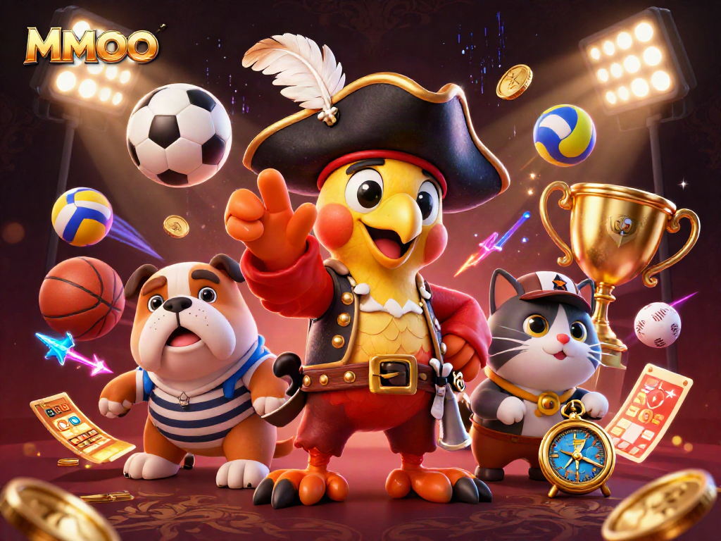 Bet on sports with MMOO: dynamic 3D scene featuring pirate captain and friends.