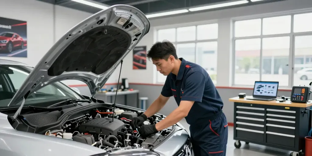 Mechanic examining engine with car parts guides open on laptop in a modern garage.