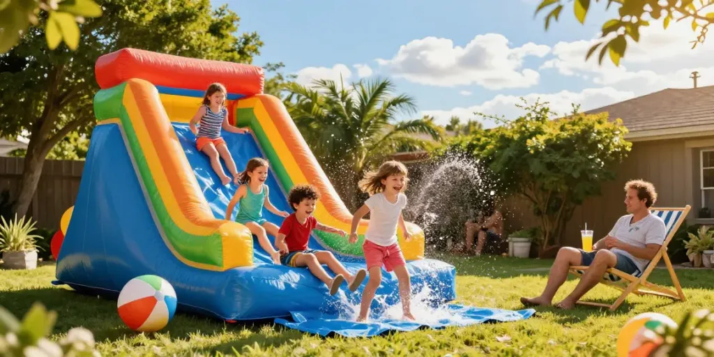 Children sliding down a colourful water slide, surrounded by laughter and summer fun