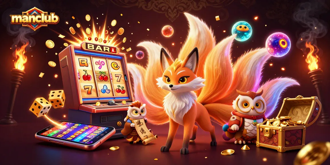 Spin and win with manclub's vibrant 3D casino illustration showcasing slot machines and glowing characters.