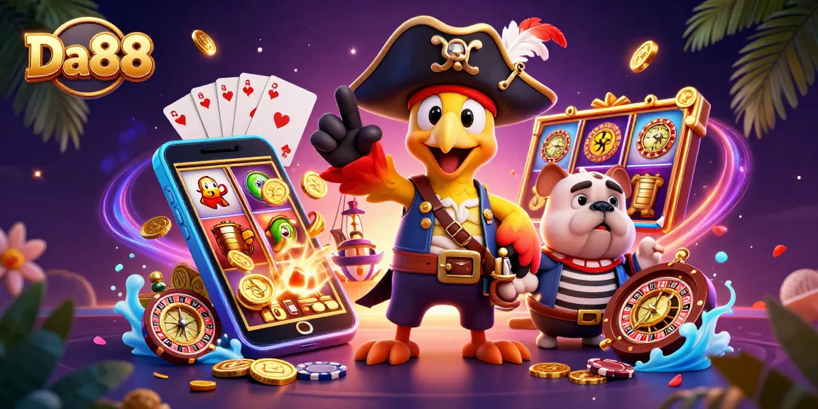Engage in thrilling slots action with Da88 in an exciting casino scene full of animated characters and games.