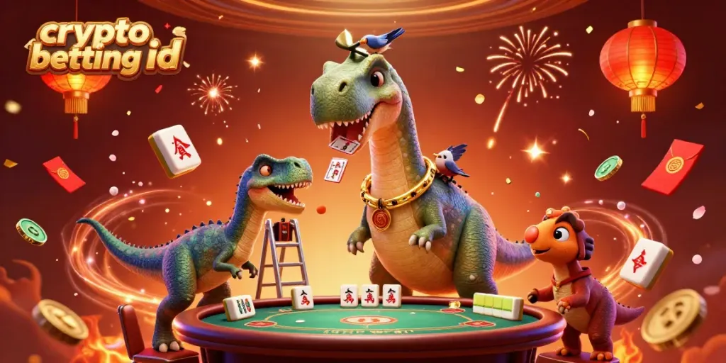 Engage with crypto betting id in a lively 3D casino scene featuring comic dinosaurs amidst festive gambling symbols.