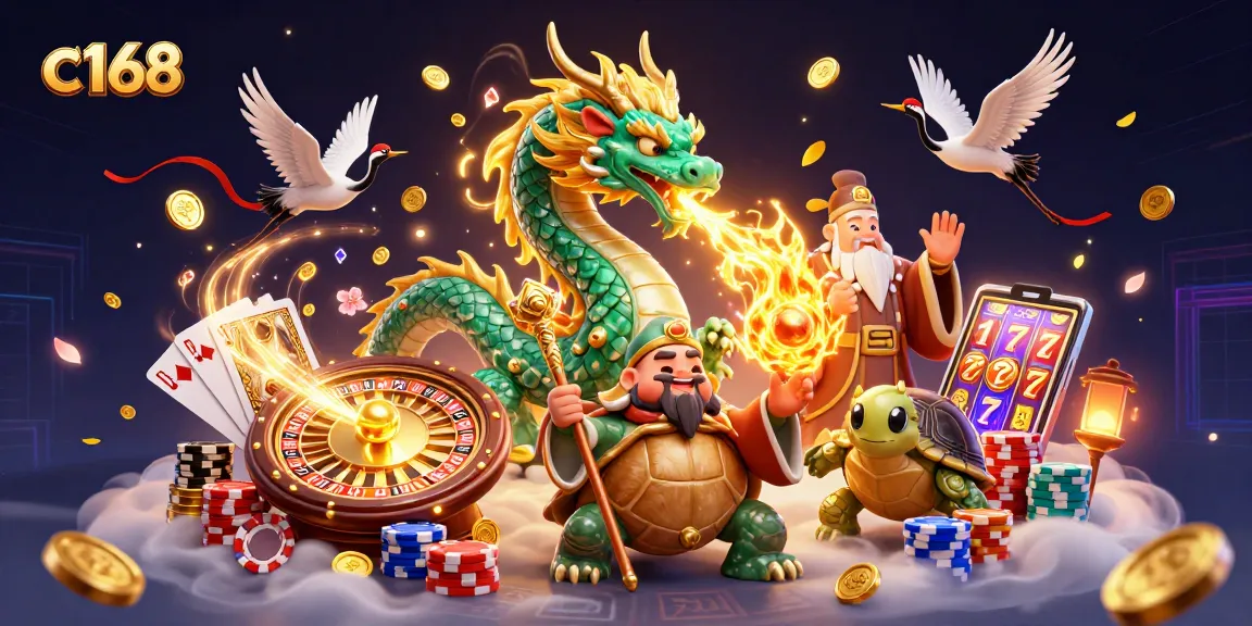 c 168 unveils an exciting scene with a jade dragon and a golden turtle amidst casino treasures.