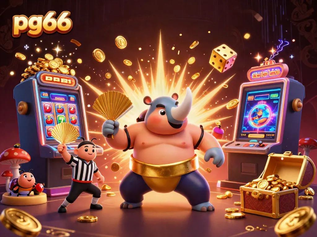 pg66 features the exciting power of casino games with a beetle champion celebrating a jackpot amidst vibrant elements.