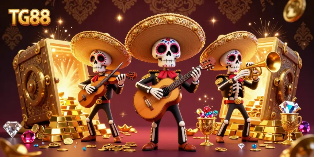 Experience the thrill of TG88 with a vibrant 3D illustration highlighting a festive mariachi band amidst golden treasures in a casino.