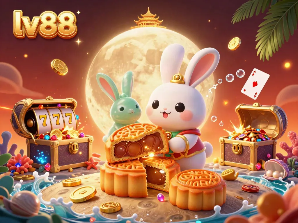 Experience the excitement of lv88 as a moon rabbit reveals poker chips amidst slot games and treasure.