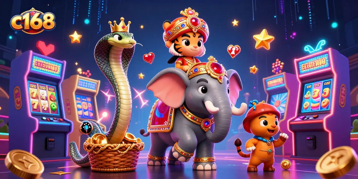 Experience the excitement of gaming at c168 with jewel-encrusted characters surrounded by slot machines.