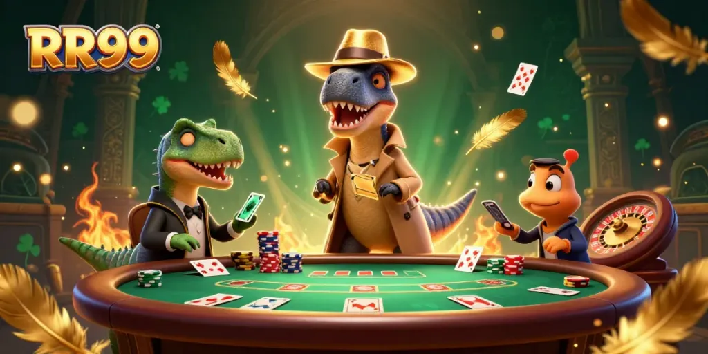 Engage with RR99 at a vibrant blackjack table featuring a velociraptor card counter and stegosaurus pit boss.