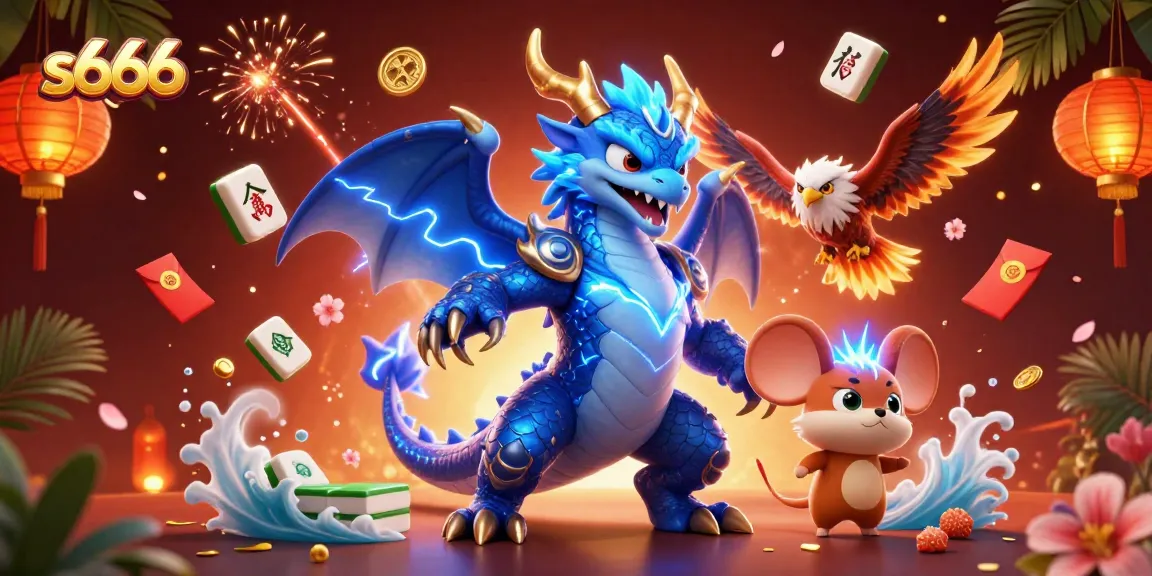 Experience the thrill of s666 with a vibrant 3D casino scene of dragons, hawks, and playful elements.