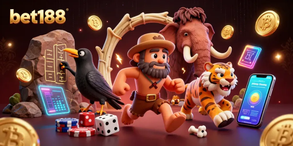 Experience thrilling gameplay at bet188 with prehistoric casino characters and exciting crypto elements.