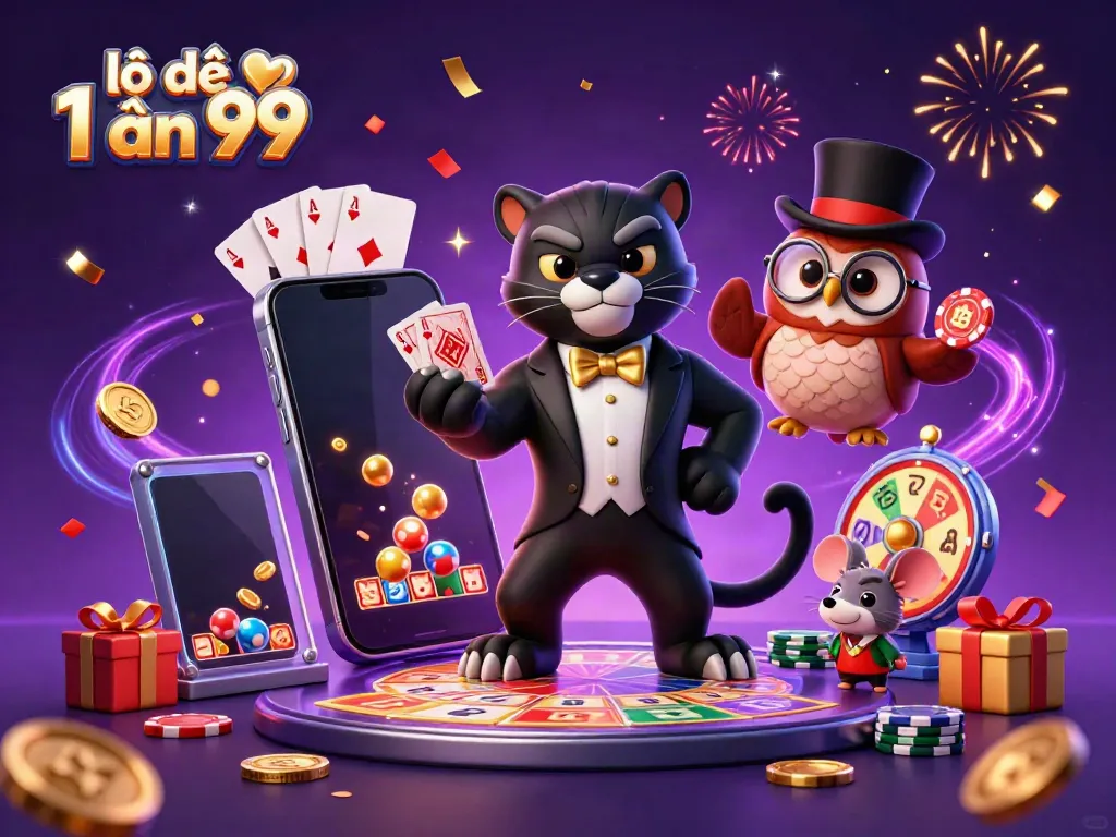 Experience excitement with lô đề 1 ăn 99 as playful characters enjoy a lottery game.