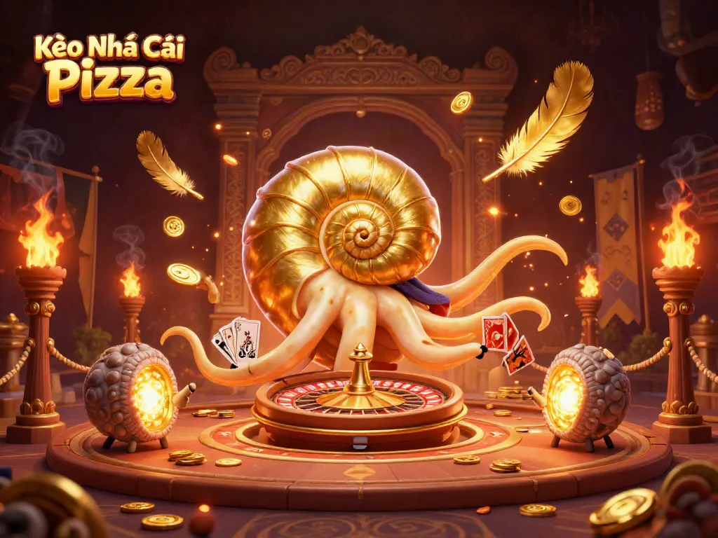 Experience excitement with Kèo Nhà Cái Pizza featuring a nautilus roulette wheel surrounded by golden treasures.