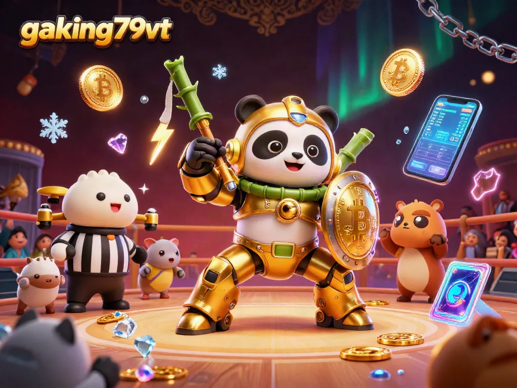 Experience gaking79vt action in a vibrant cockfighting arena with animated characters and vibrant crypto elements.