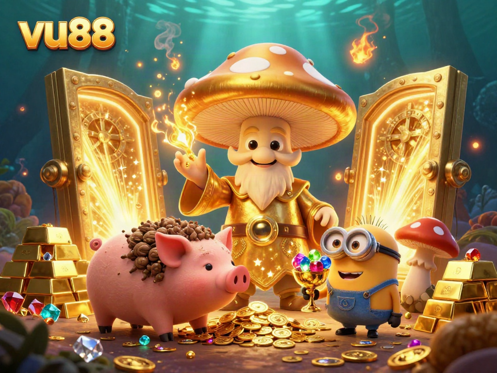 Experience magical wins with the vu88 golden wizard, treasure vault, and vibrant gems in this captivating casino scene.