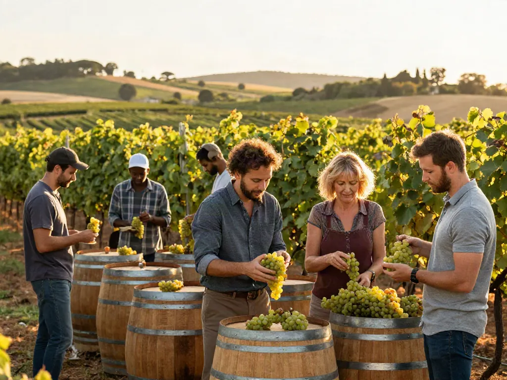 Dynamic winemaking team at avpwinecollective.com vineyard during golden hour.