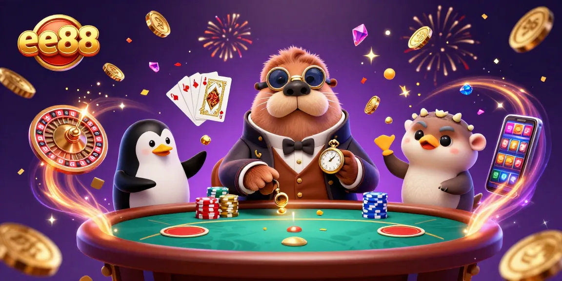 Engage in thrilling action at ee88 with a jolly walrus and penguin dealer in a lavish underwater casino setting.
