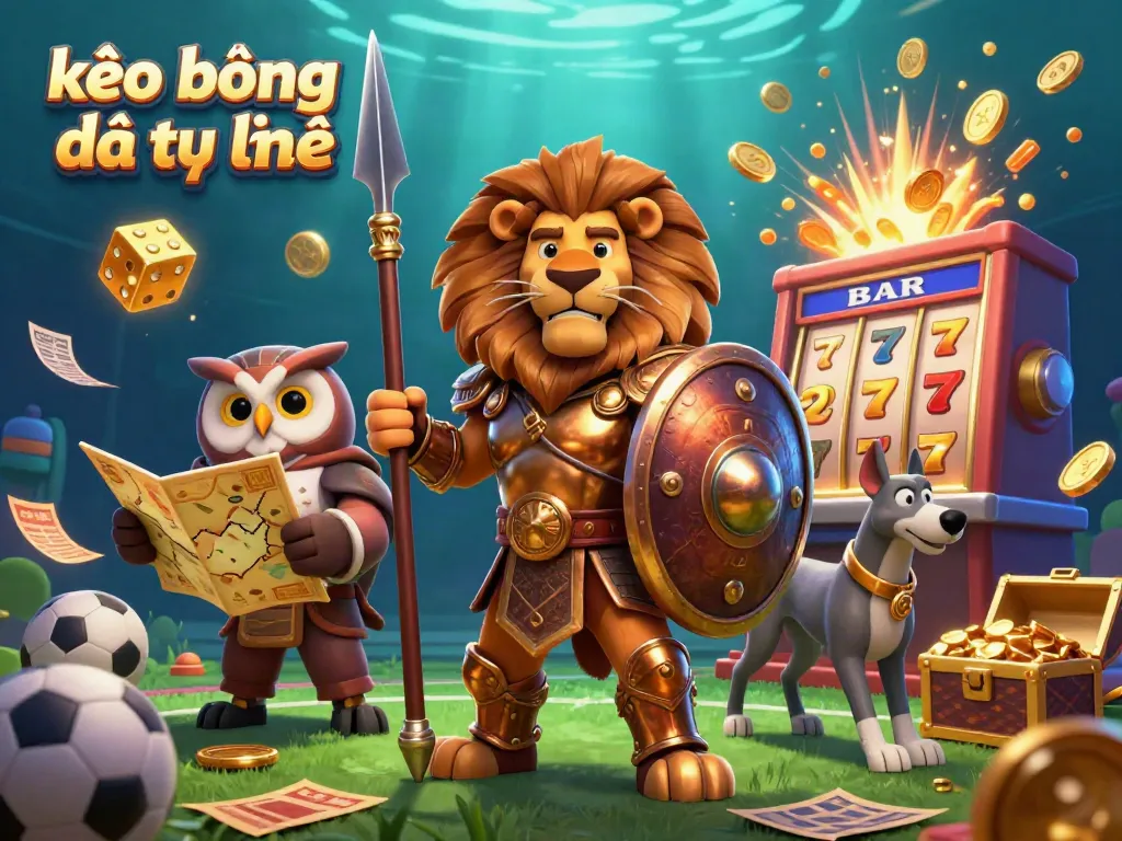 Engage with the excitement of kèo bóng đá trực tuyến as a heroic Spartan lion leads the charge, surrounded by dynamic sports betting elements.