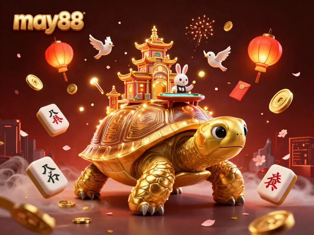 Experience thrilling entertainment with may88's 3D golden tortoise casino scene featuring a rabbit dealer and golden coins.