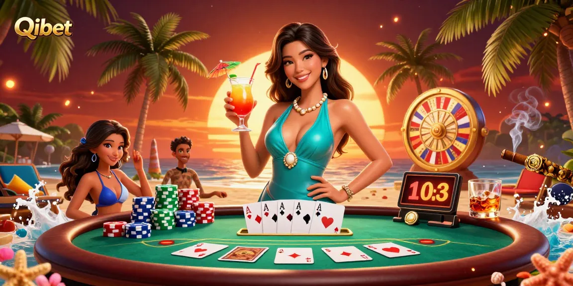 Experience the excitement of Qibet at a vibrant beach casino with poker elements and tropical vibes.
