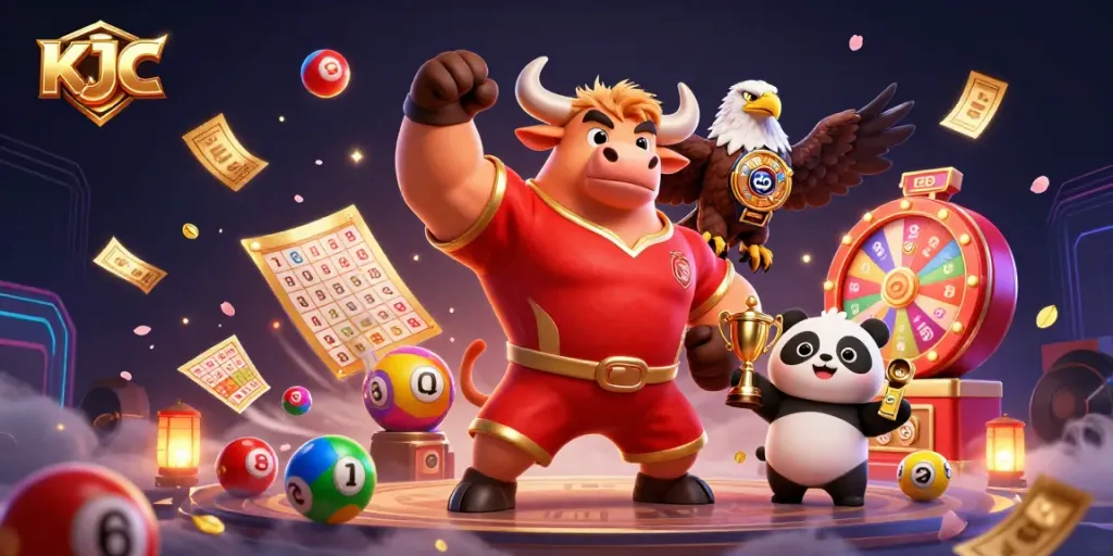 KJC promotes dynamic lottery excitement with a vibrant scene featuring lively characters and iconic gaming elements.