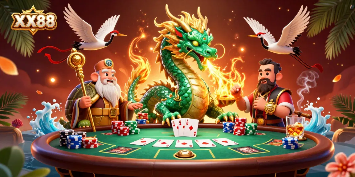 Experience thrilling gameplay at XX88 as a jade dragon and wise turtle sage meet at a vibrant poker scene.
