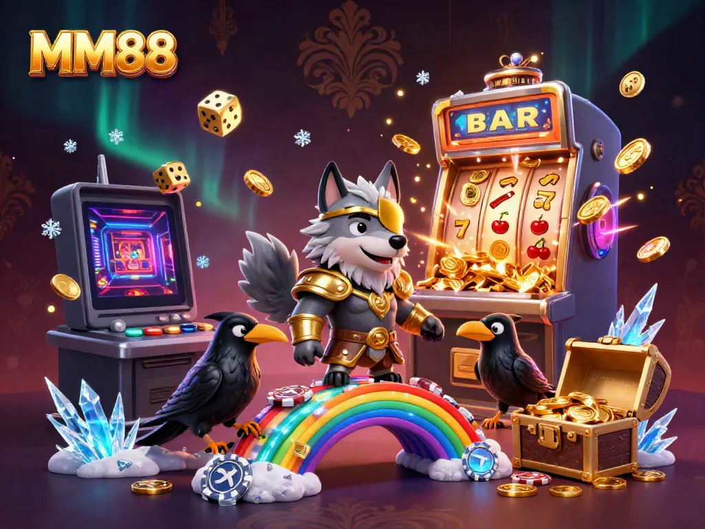 Join MM88's thrilling world with a 3D illustration showcasing a mythical wolf and ravens surrounded by vibrant casino elements.