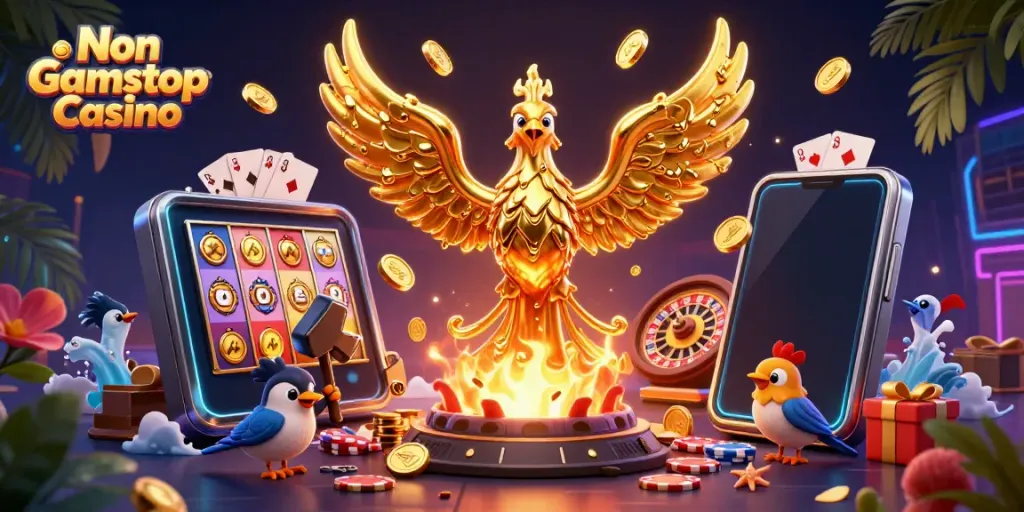 Experience the thrill of a Non Gamstop Casino with a golden phoenix and exciting game elements in a vibrant 3D illustration.
