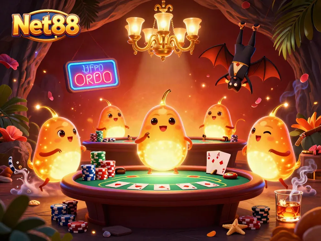 Engage in thrilling gaming at Net88's vibrant cave casino illuminated by glowworms.