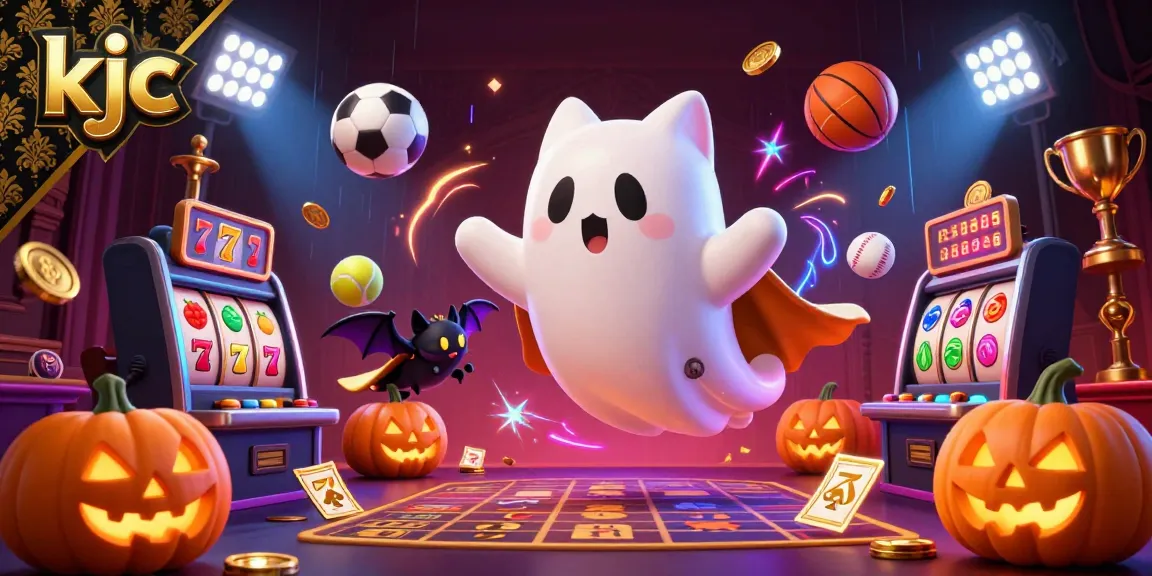 KJC's animated ghost cat interacts with slot machines and sports elements in a vibrant casino scene.