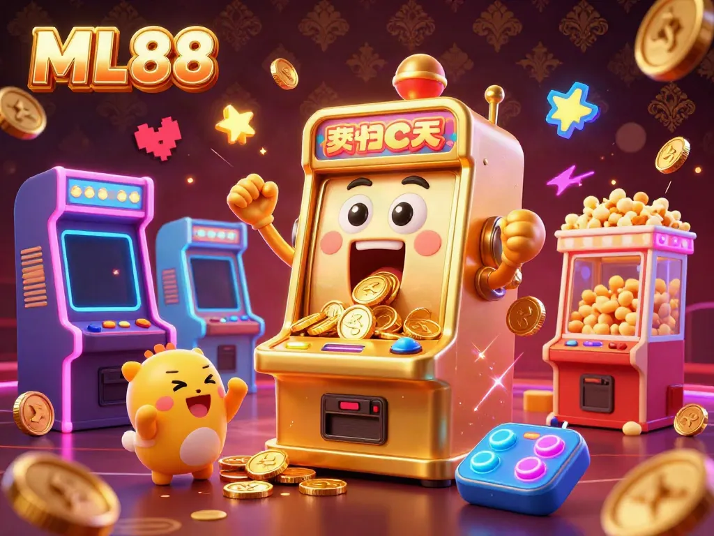 ML88 slot machine celebrates a jackpot with coins pouring out, colorful games in the background.