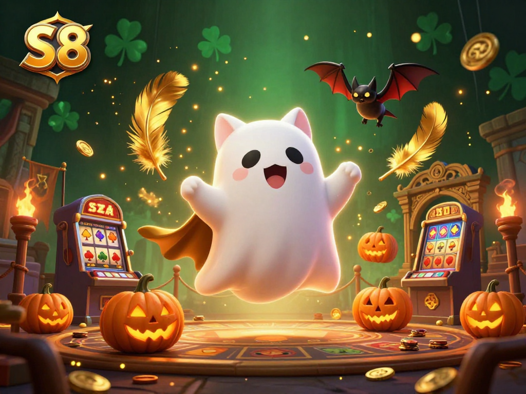 Experience the thrilling ambiance of S8 with our ghostly cat and vampire bat companions in an enchanting haunted casino.