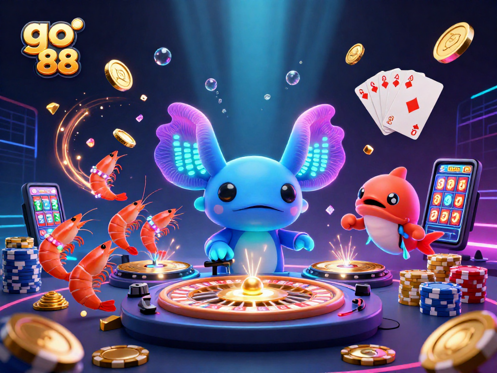 Spin to win with go 88 in an underwater casino scene featuring vibrant characters and games.