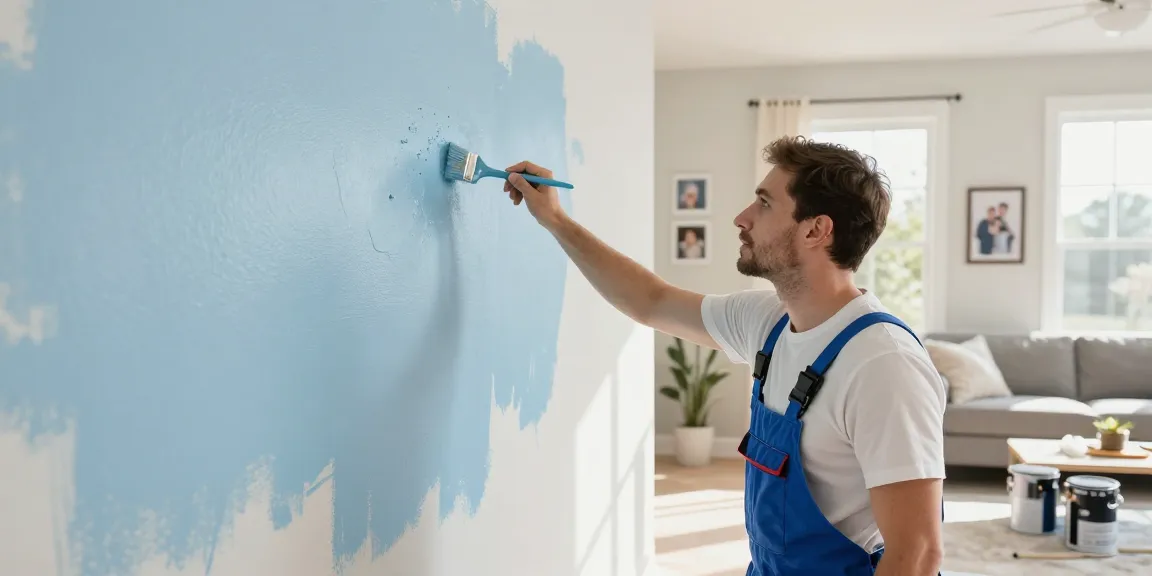 Professional lincoln painter applying fresh paint in a modern living room.