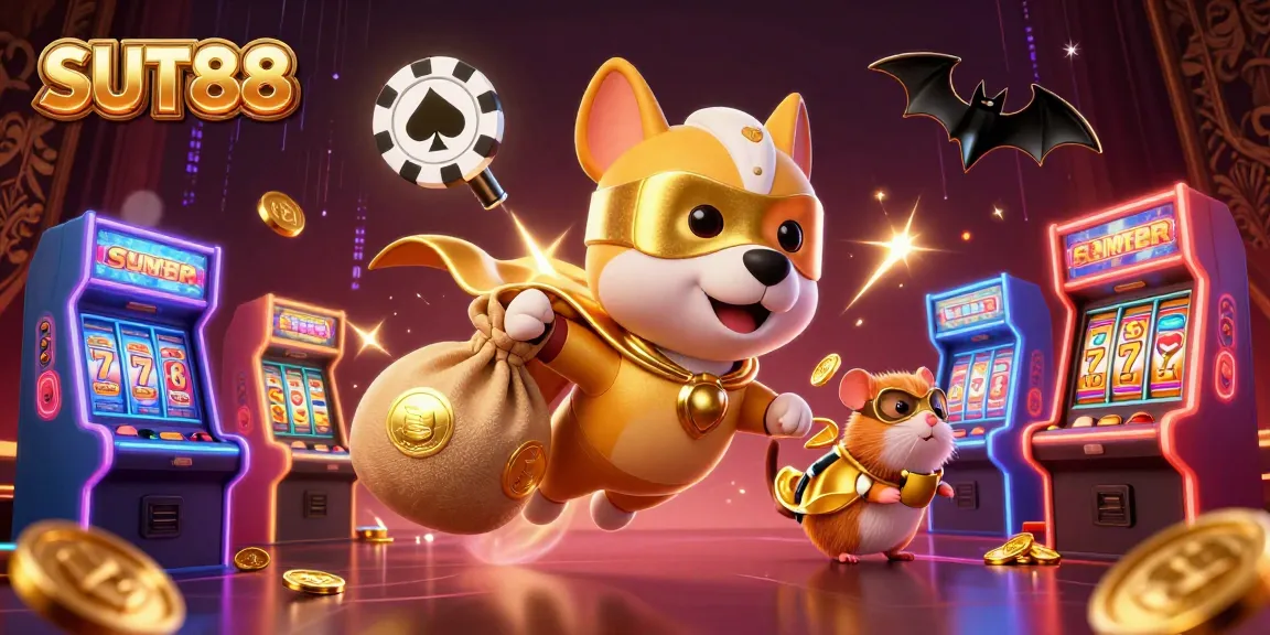 SUT88 showcases a vibrant scene of a superhero dog and his sidekick celebrating with gold coins amidst engaging casino elements.