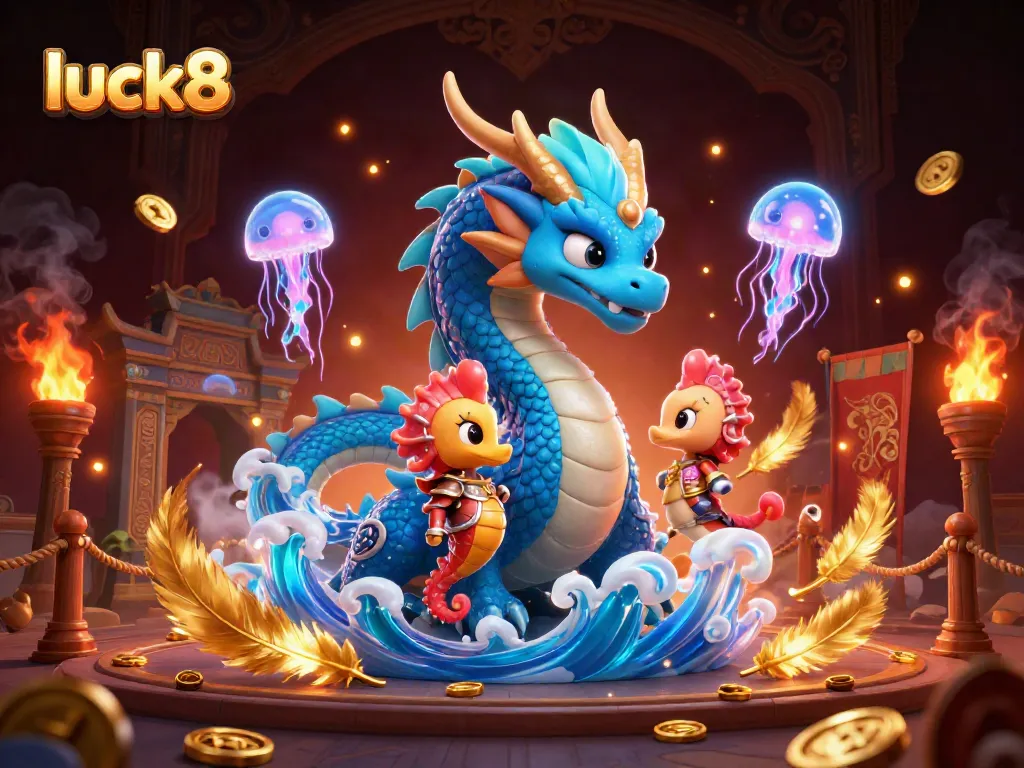 Experience excitement at luck8 with a majestic azure water dragon and a coral-armored seahorse knight in an immersive casino arena.