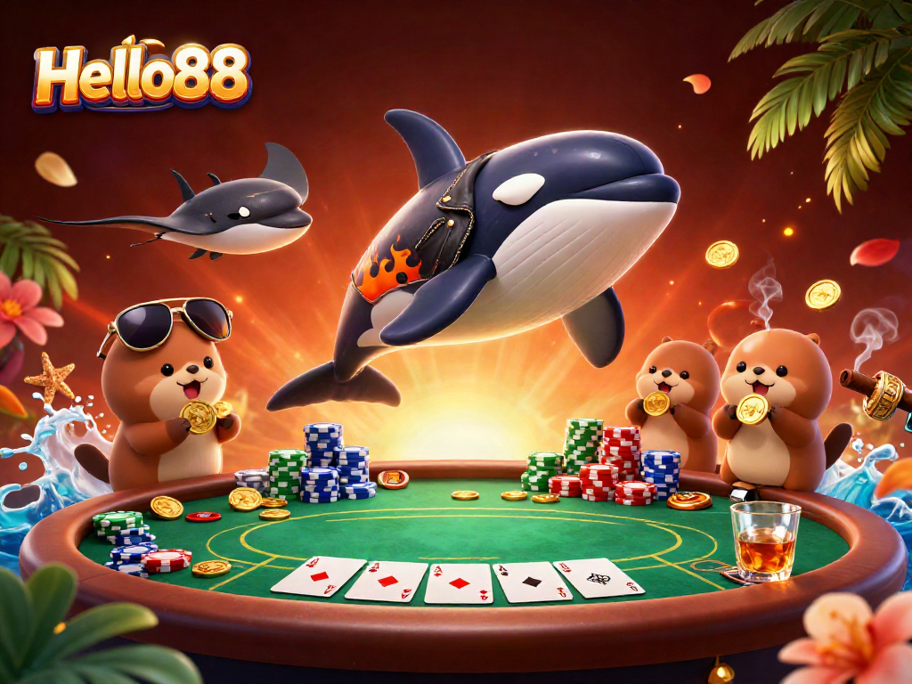 Engage with Hello88's vibrant casino atmosphere filled with characters and excitement in this lively illustration.