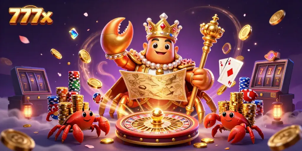 Experience the fun at 777x casino with the massive golden crab emperor surrounded by treasure and games.