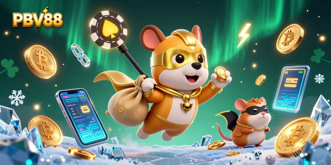 Engage with PBV88’s vibrant 3D casino action featuring a heroic dog and hamster amidst flying crypto and poker elements.
