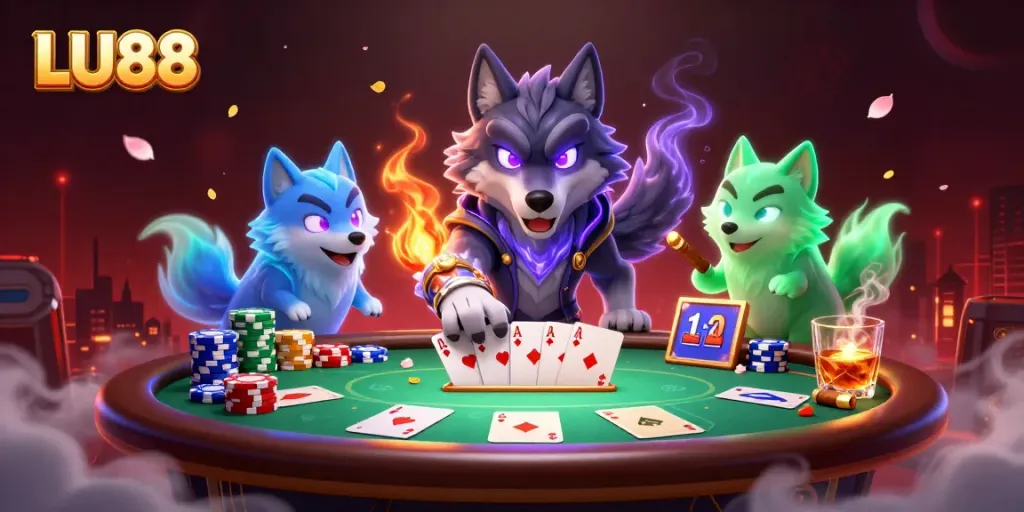 LU88 showcases thrilling poker moments with a ghostly wolf leader and vibrant casino atmosphere.
