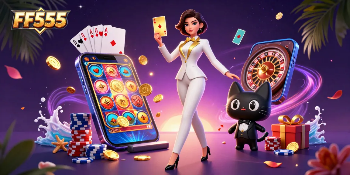 Experience the thrill of FF555 with a glamorous woman and engaging casino elements.