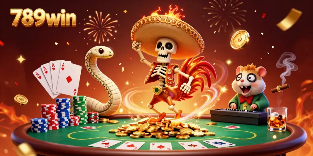 Experience the thrill of 789win with skeleton mariachi, mummy snake, and DJ hamster in a vibrant casino scene.