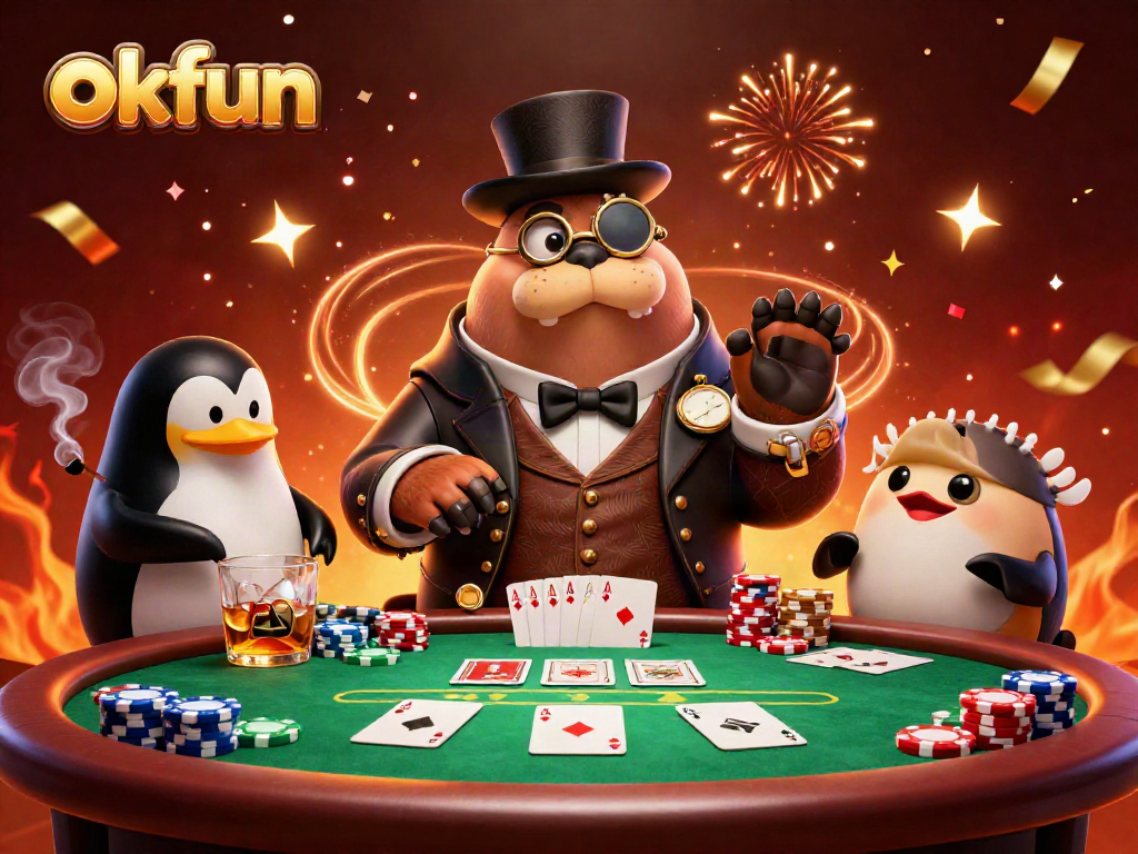Engage in exciting poker battles with okfun's whimsical characters at a vibrant underwater casino.