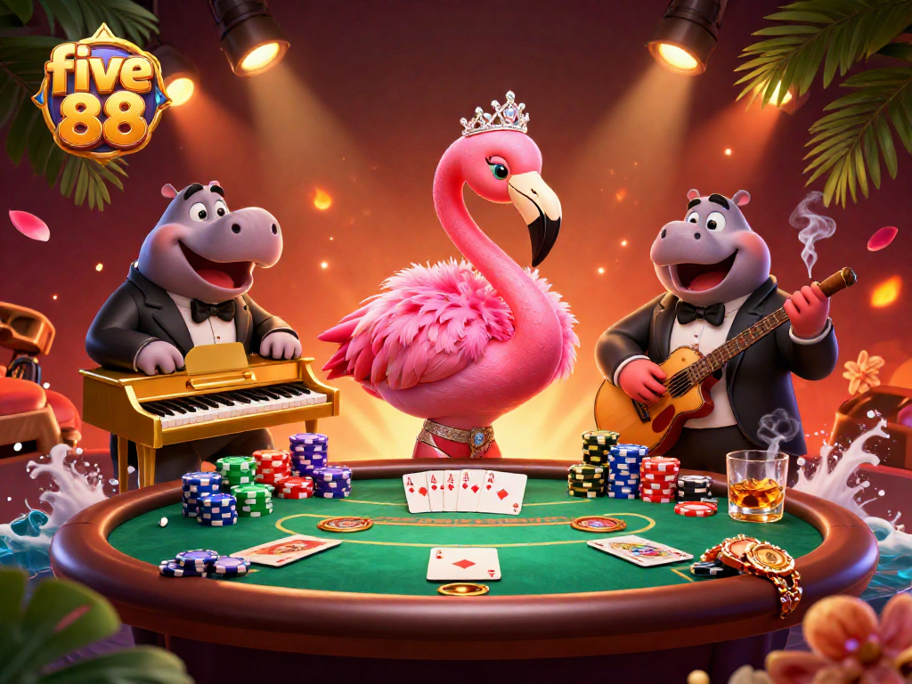 Engage with five 88's vibrant poker scene featuring a flamingo singer and hippo bassist.
