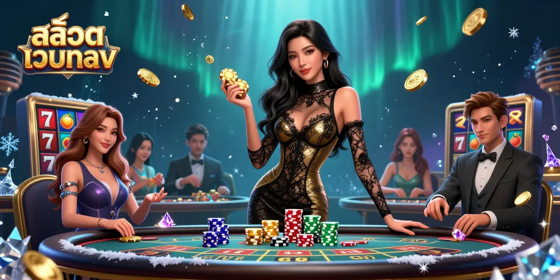 Experience the excitement of สล็อตเว็บตรง with a glamorous Asian woman at a VIP baccarat table, showcasing high-value chips.
