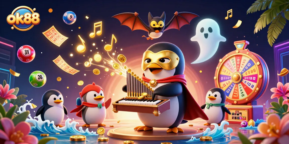 Engage with ok88’s exciting gaming experience featuring a vibrant 3D illustration of a penguin playing a golden pipe organ.